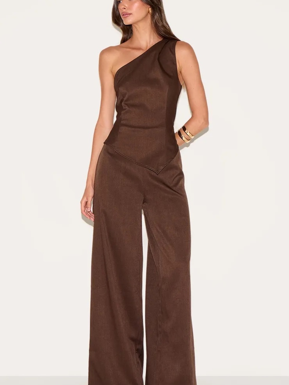 PrettyLittleThing One-Shoulder Brown Wide-Leg Jumpsuit